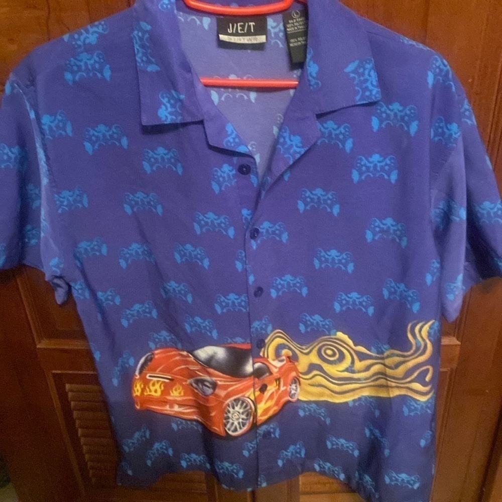 3/$20. Boys Size Large Blue & Orange Shirt Racecar Flames